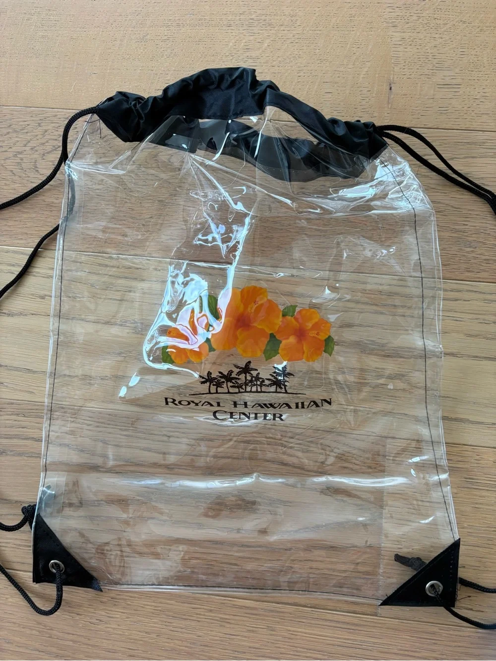 Royal Hawaiian Center Clear Drawstring Backpack with Orange Hibiscus